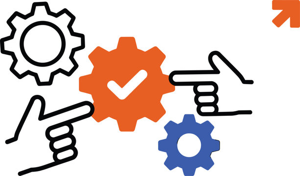 Business concept vector illustration of hands pointing to colorful machinery gears with checkmark and growth arrow symbol