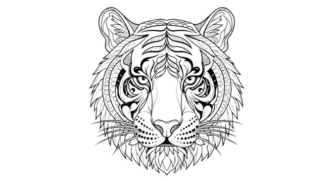 Intricate tiger head mandala vector, ornate wild cat line art illustration, decorative animal coloring page for adults, tribal tiger face tattoo design