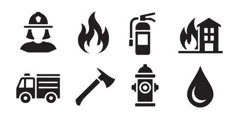 Firefighter vector icon collection, firefighter tools icons, fire and safety equipment symbols. © Under