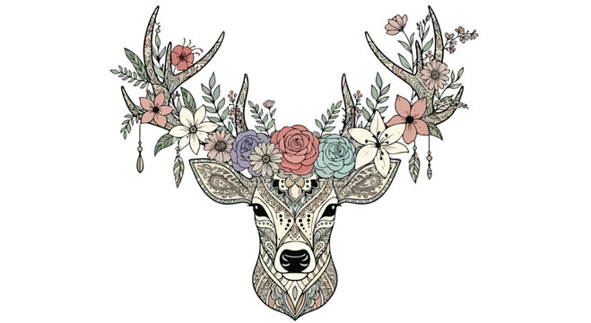 Bohemian deer head with floral crown and antlers, ornate tribal stag illustration with flowers, ethnic zentangle animal vector for apparel