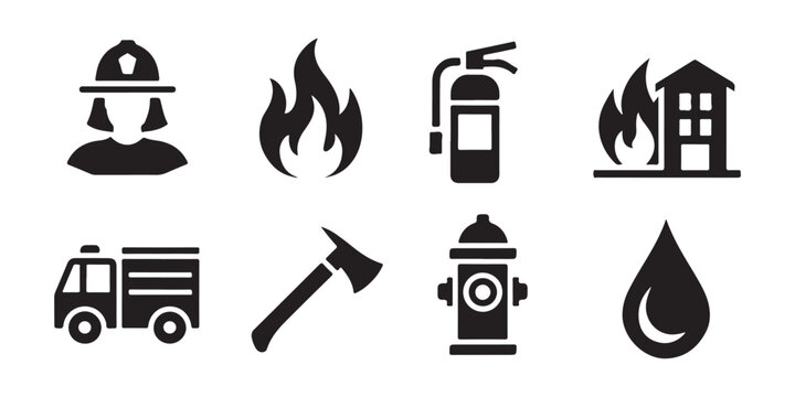 Firefighter vector icon collection, firefighter tools icons, fire and safety equipment symbols.