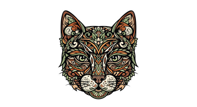 Intricate mandala cat head vector illustration, ornate feline portrait with floral patterns, decorative kitten face for coloring book and apparel design