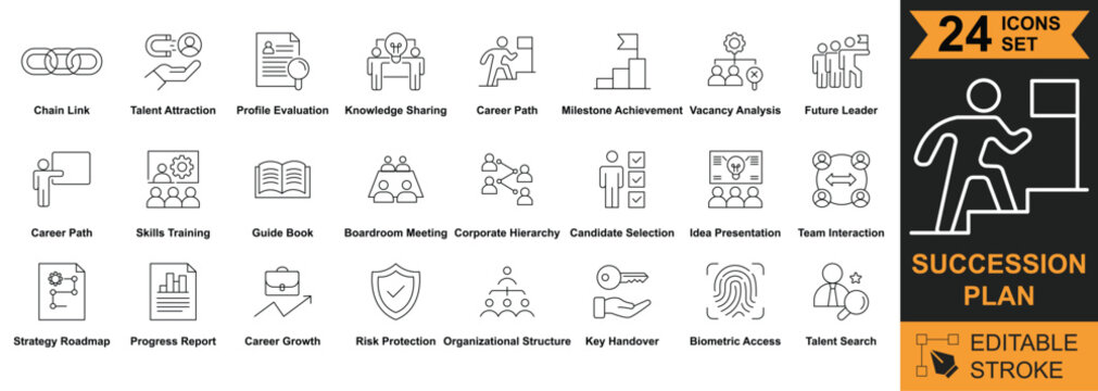 Succession Plan Icon set. containing talent management, career path, leadership development, candidate selection, organizational structure, knowledge sharing, workforce planning, vector illustration