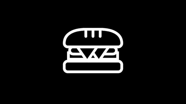 Simple white outline icon of a classic cheeseburger on a black background