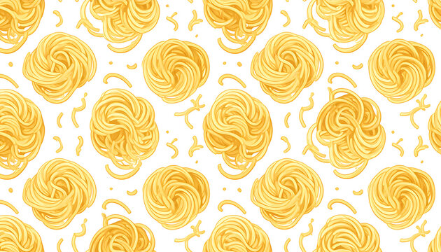 Seamless pattern of uncooked pasta nests and strands, italian food ingredients, close up view on white background
