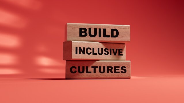 Build Inclusive Cultures symbol. wood cubes with words Build Inclusive Cultures.Business and Build Inclusive Cultures. Copy space.3D rendering