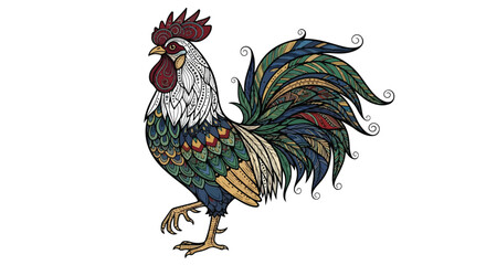 Vintage ornamental rooster vector illustration, colorful zentangle cockerel with decorative feathers, folk art chicken bird mascot for farm branding © ronyroye