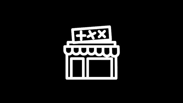 Simple line art icon of a storefront with a sign displaying plus and x symbols