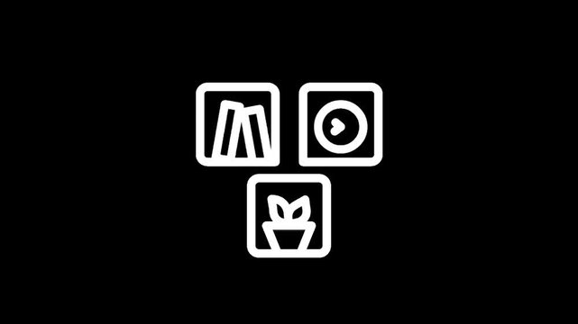 Minimalist icons for books, play button, and potted plant on black background