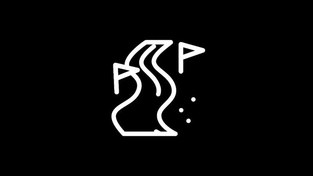 Stylized icon of a winding river with flags and dots on a black background