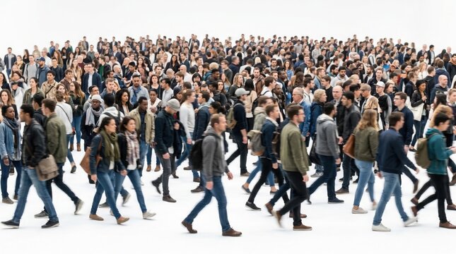 Large crowd of people walking together in a public event on a white background