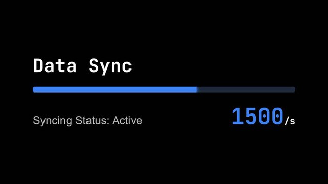 Data synchronization progress, blue loading bar with speed metrics, active status on black background, seamless loop, symbolizing technology and data transfer