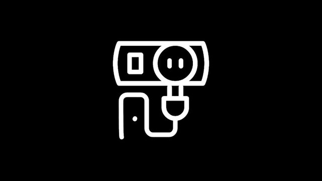 Simple line art icon of a power strip with a plug connected to an outlet