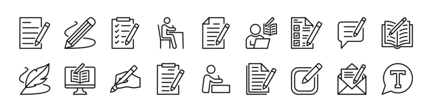 Writing thin line icon set. Contains paper document, note, book, notebook, letter, sheet, signature, edit, author, digital text of social media, memo, report, list - vector illustration