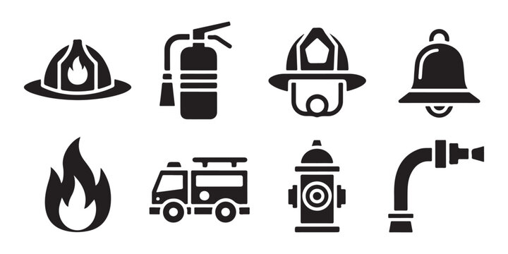 Firefighting professional icon set with engine hydrant extinguisher alarm bell and fire helmets.