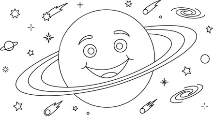 Cute cartoon planet saturn with rings and happy face, space background with stars, comets and galaxies, coloring page for kids © Ajoy