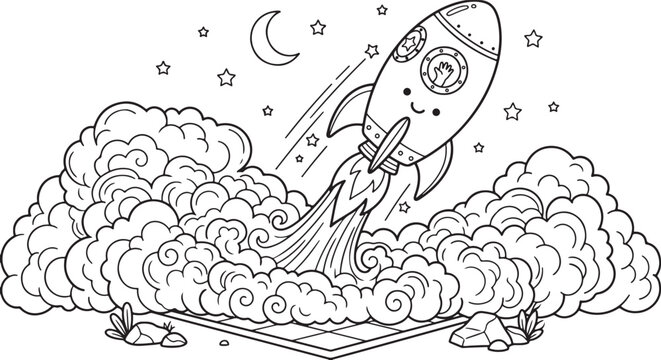 Cute cartoon rocket ship launching into space with clouds and stars, coloring page for kids