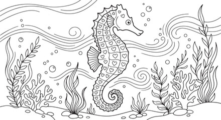 Coloring page for children and adults with a cute seahorse decorated with hearts, surrounded by seaweed, coral and bubbles in the ocean © Ajoy
