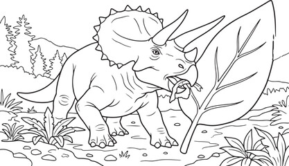 Coloring page for children with a cute triceratops dinosaur eating a large leaf in a prehistoric landscape © Ajoy