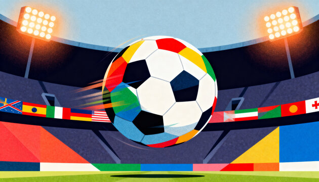 Illustrated global football background with stadium flags and soccer ball