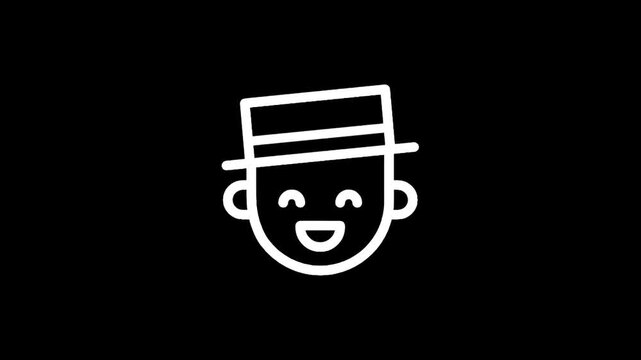 Simple white line art of a happy face wearing a hat on a black background