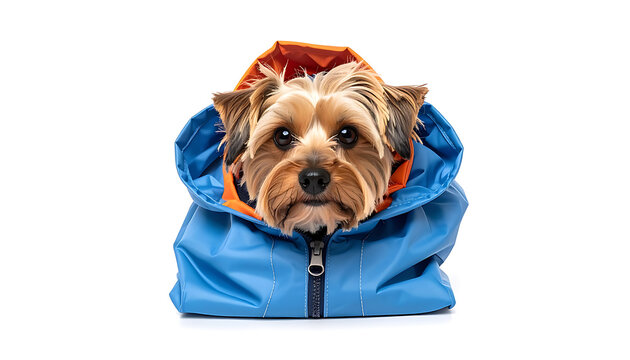 Small terrier dog wearing a blue waterproof hooded jacket with orange lining, isolated on white
