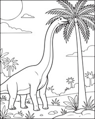 Brachiosaurus dinosaur eating leaves from palm tree in prehistoric jungle landscape coloring page for kids © Ajoy