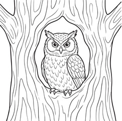 Obraz premium Coloring page of a cute owl sitting in a tree hollow