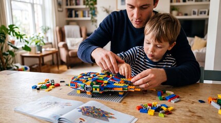 Obraz premium Man and Child Building Lego Model