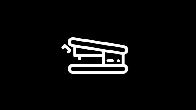 Simple white line art icon of a stapler on a black background
