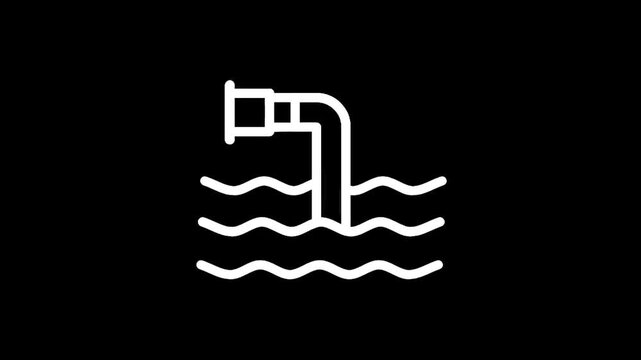 White line icon of a pipe discharging into wavy water on a black background