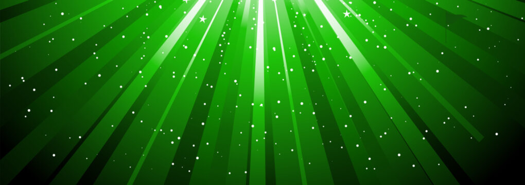 Abstract green light rays background with glowing sunburst beams and sparkling white particles for creative festive holiday web banner
