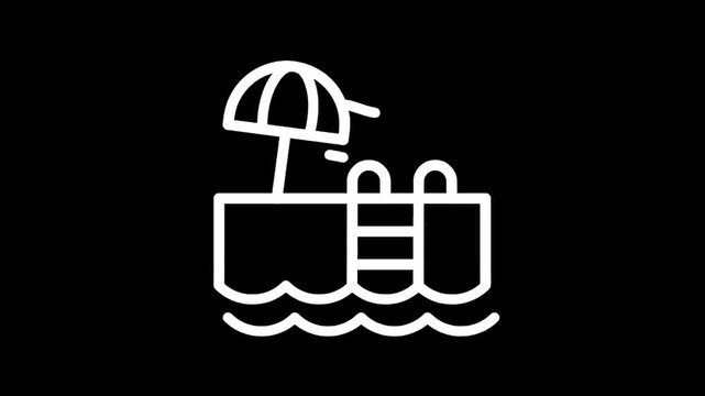 Simple line art icon of a swimming pool with a ladder and umbrella on a black background