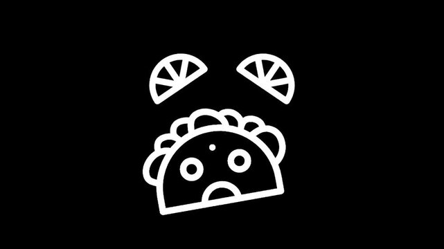 Sad taco with lime slices icon on black background, minimalist design