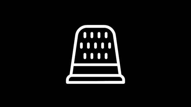 Simple white line icon of a thimble on a black background
