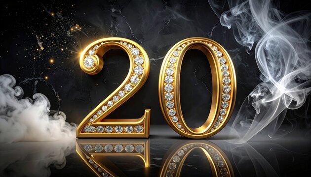 Golden 20th anniversary celebration with smoke.