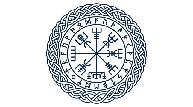 Ancient Norse Vegvisir Compass Symbol with Rune Border.