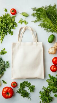 Fresh produce and eco friendly bag on table
