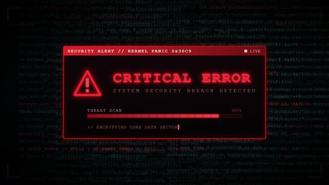 Critical error security alert displaying system breach and threat scan over digital code