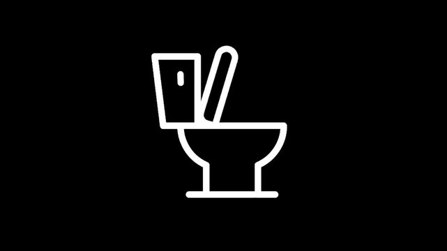 Simple white line art icon of a toilet bowl with lid up and water splashing