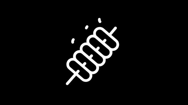 Simple white icon of food on a skewer with small sparks, isolated on black background