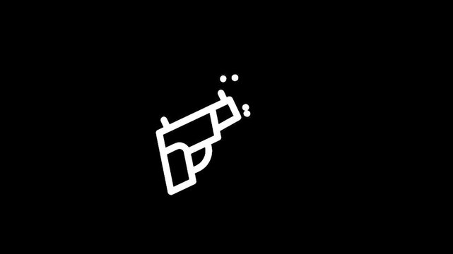 Simple white line art icon of a pistol firing with small dots representing muzzle flash