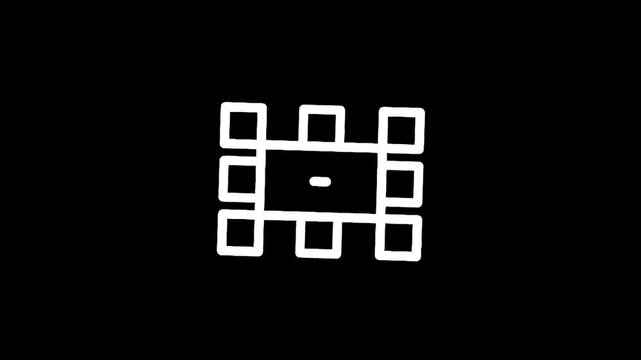 Abstract geometric minimalist design with a central dot and surrounding squares on black background