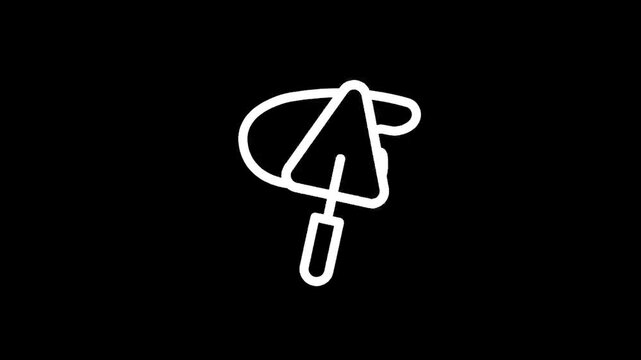 Simple white trowel icon with a curved line on a black background
