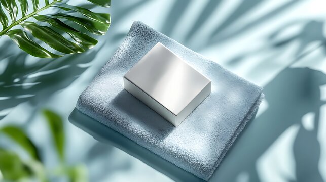 Close up of folded blue towel with soap bar on white marble surface in soft natural light