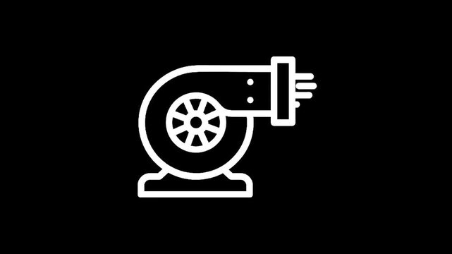 Simple white line icon of a turbocharger on a black background