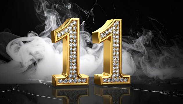 Golden number eleven with diamonds on black background with smoke.
