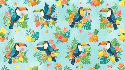 Seamless pattern design with tropical toucans colorful exotic flowers fruits oranges lemons pineapple leaves on soft blue background.