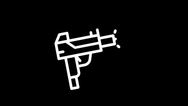 Stylized white line art of a submachine gun on a black background