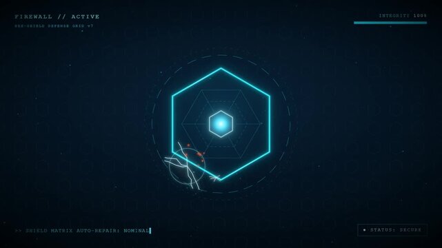 Futuristic cybersecurity firewall interface blocking digital threats and inbound attacks